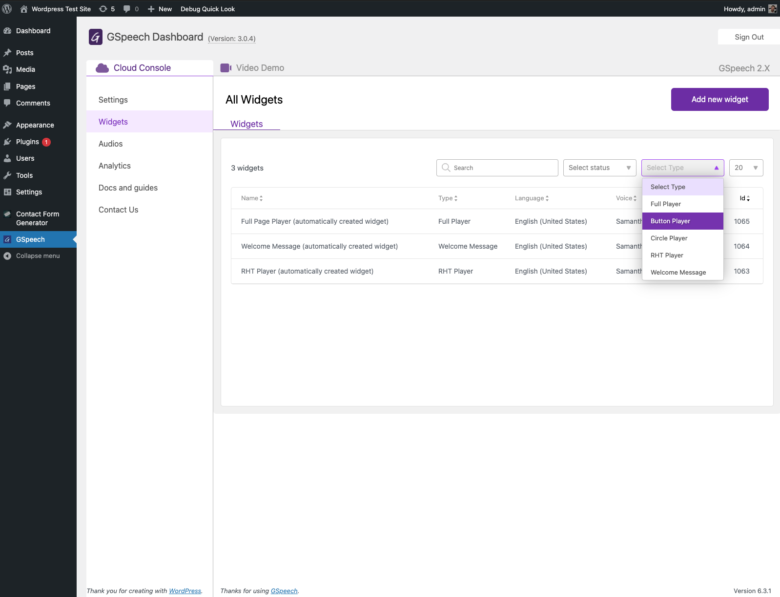 Dashboard in WP-Admin - Widgets menu.