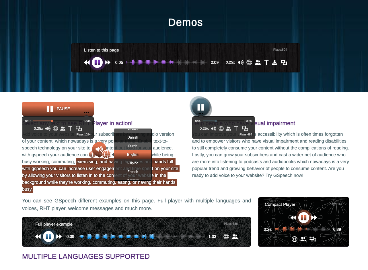 GSpeech different player types: full page player, button and circle player.