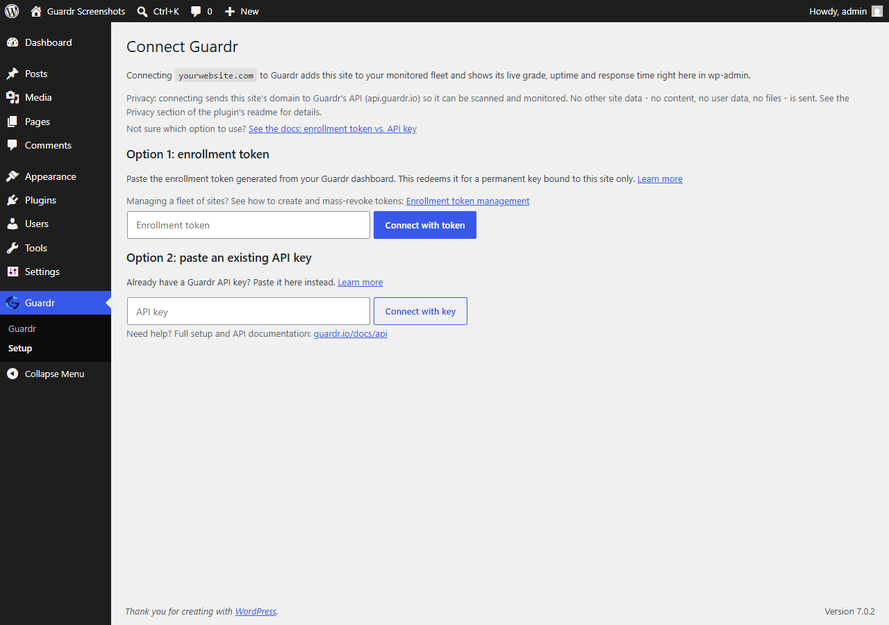 The Guardr setup screen where the site owner connects using an enrollment token or an API key.