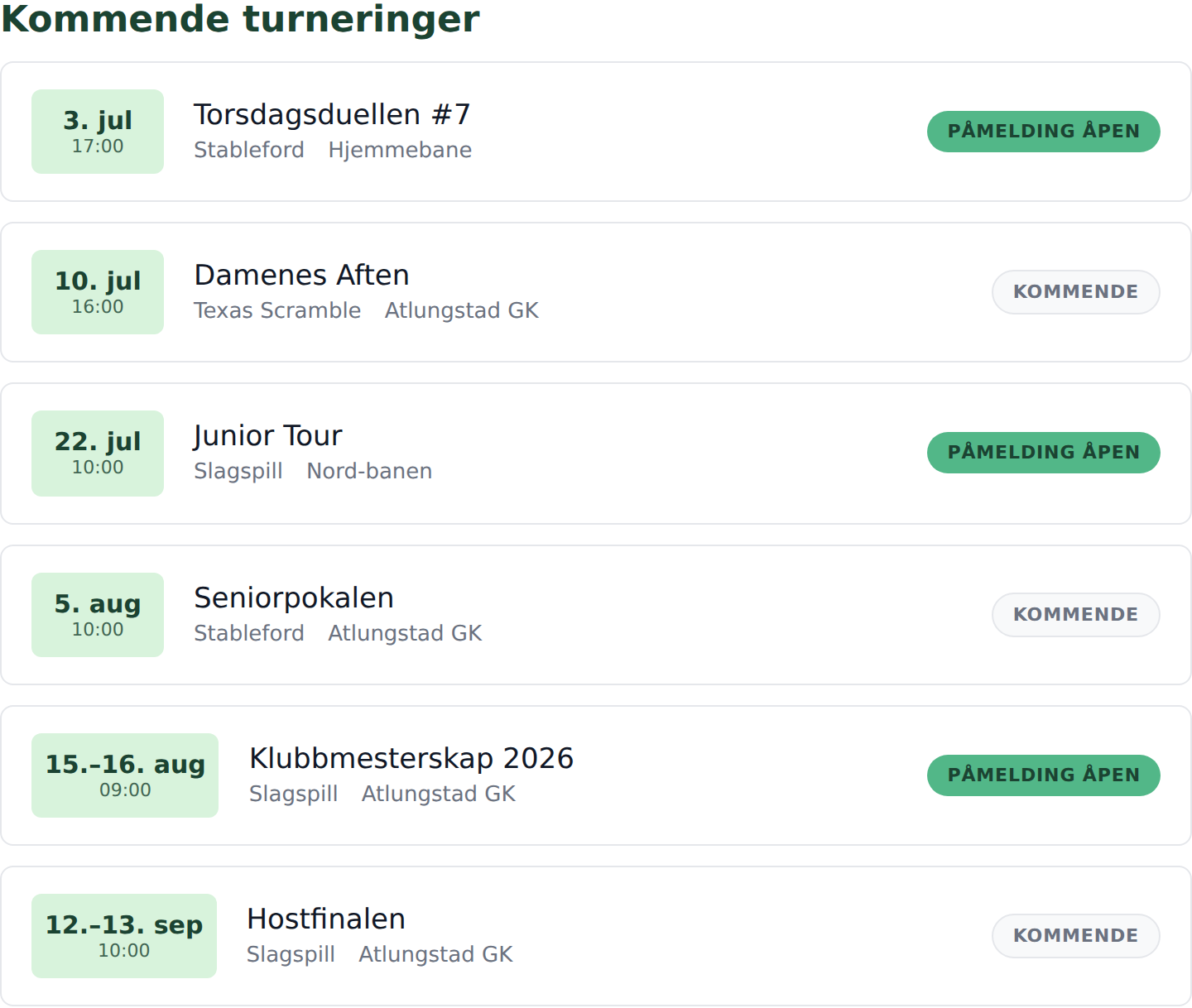 List layout with date, name, meta and status.
