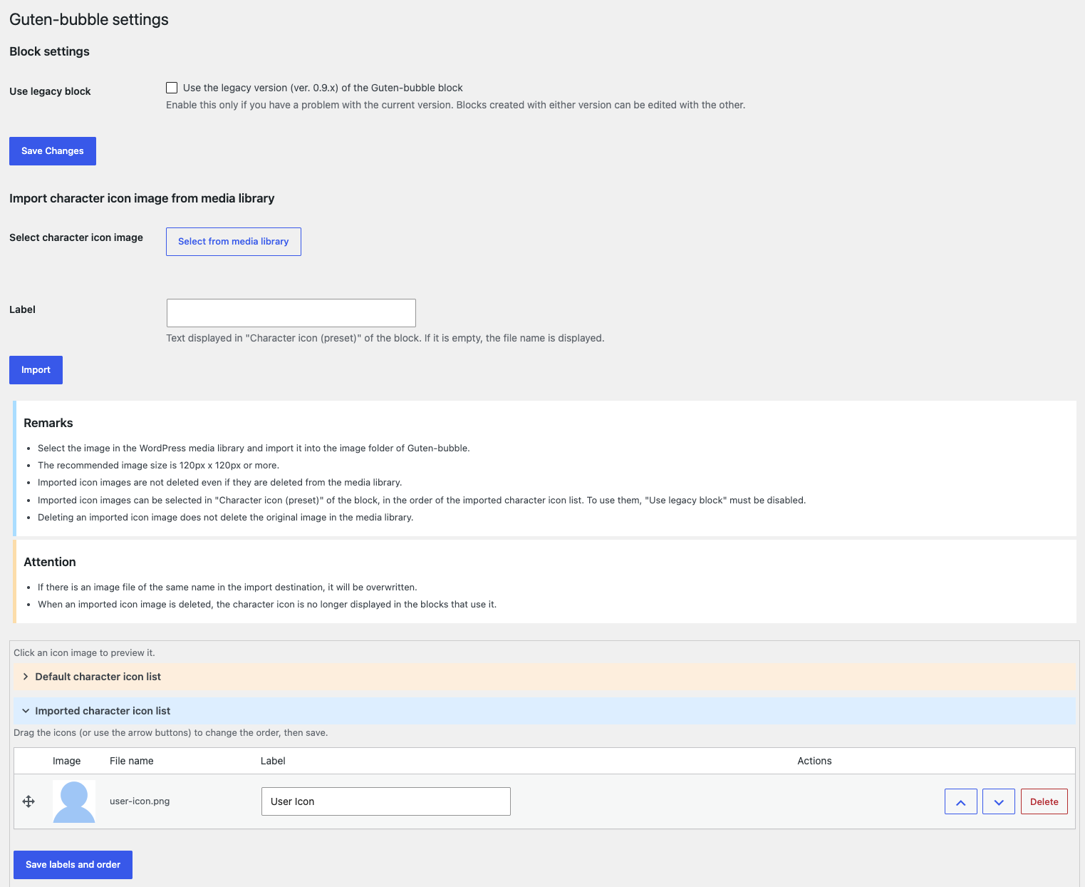 Settings page