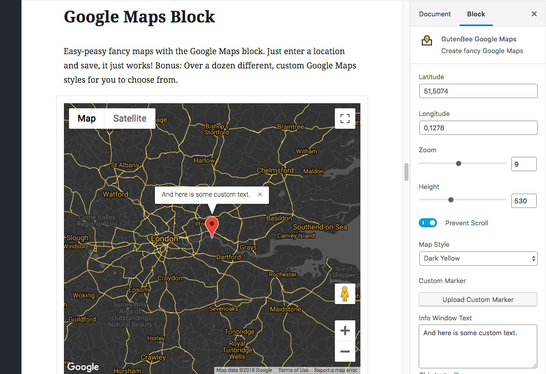 Flexible Google Maps block with custom map styles.