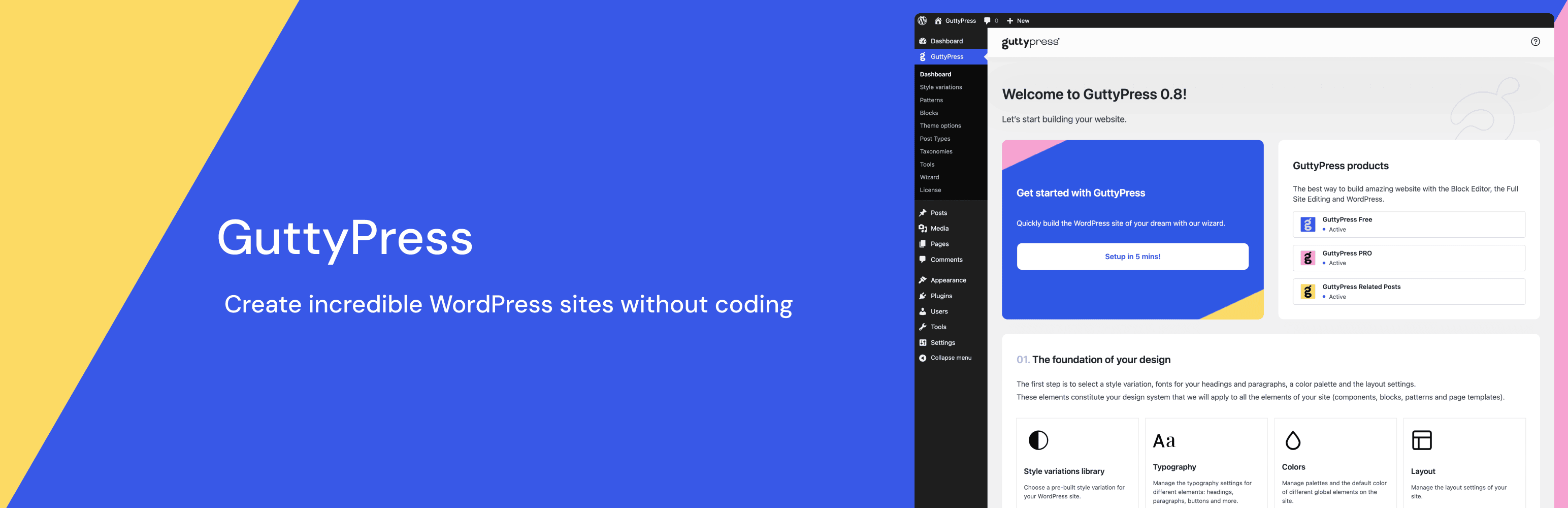WordPress 外掛 GuttyPress – No-Code WordPress Toolkit for Designers – Free Theme & Full Site Editing 的封面圖片。