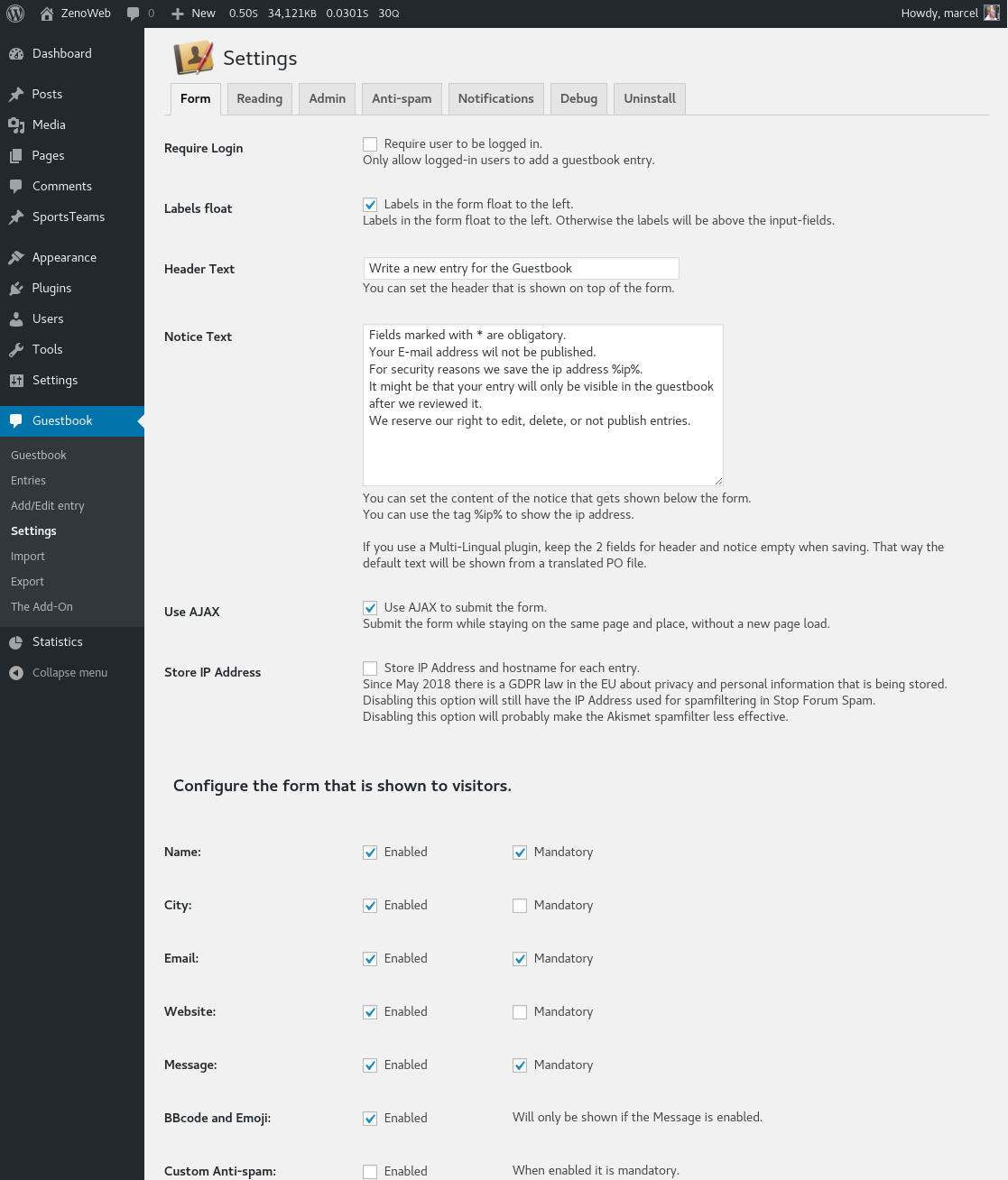 Settings Page. This is the first tab where you can select which parts of the form to show and use.