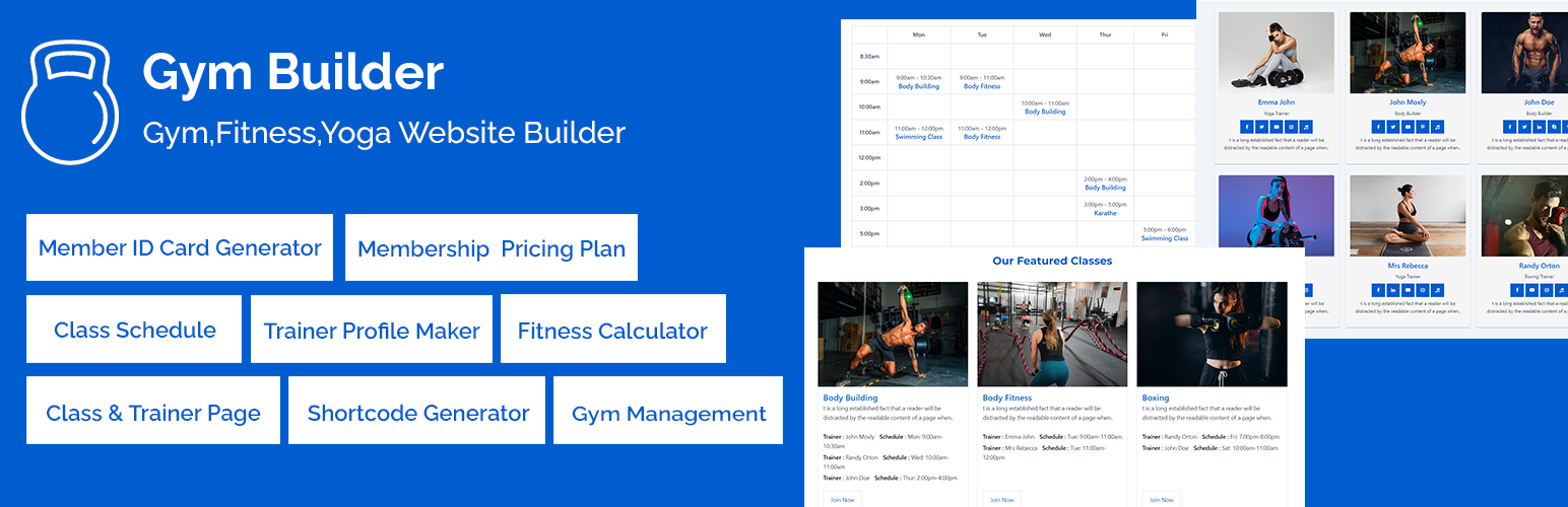 WordPress 外掛 Gym Builder – Fitness, Gym, Class Schedule Maker Plugin 的封面圖片。