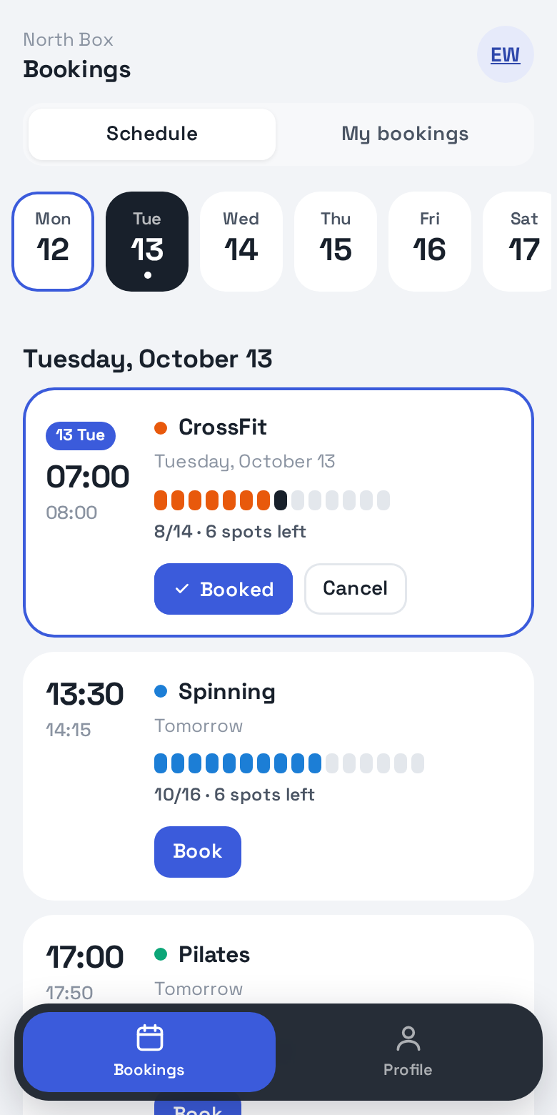 My bookings: upcoming classes, with the option to cancel.