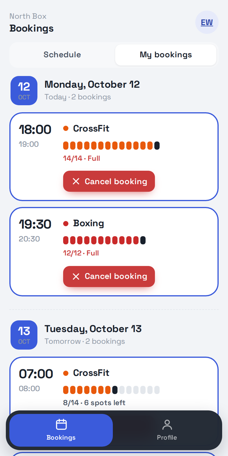 The manager sees how many people have booked each class.
