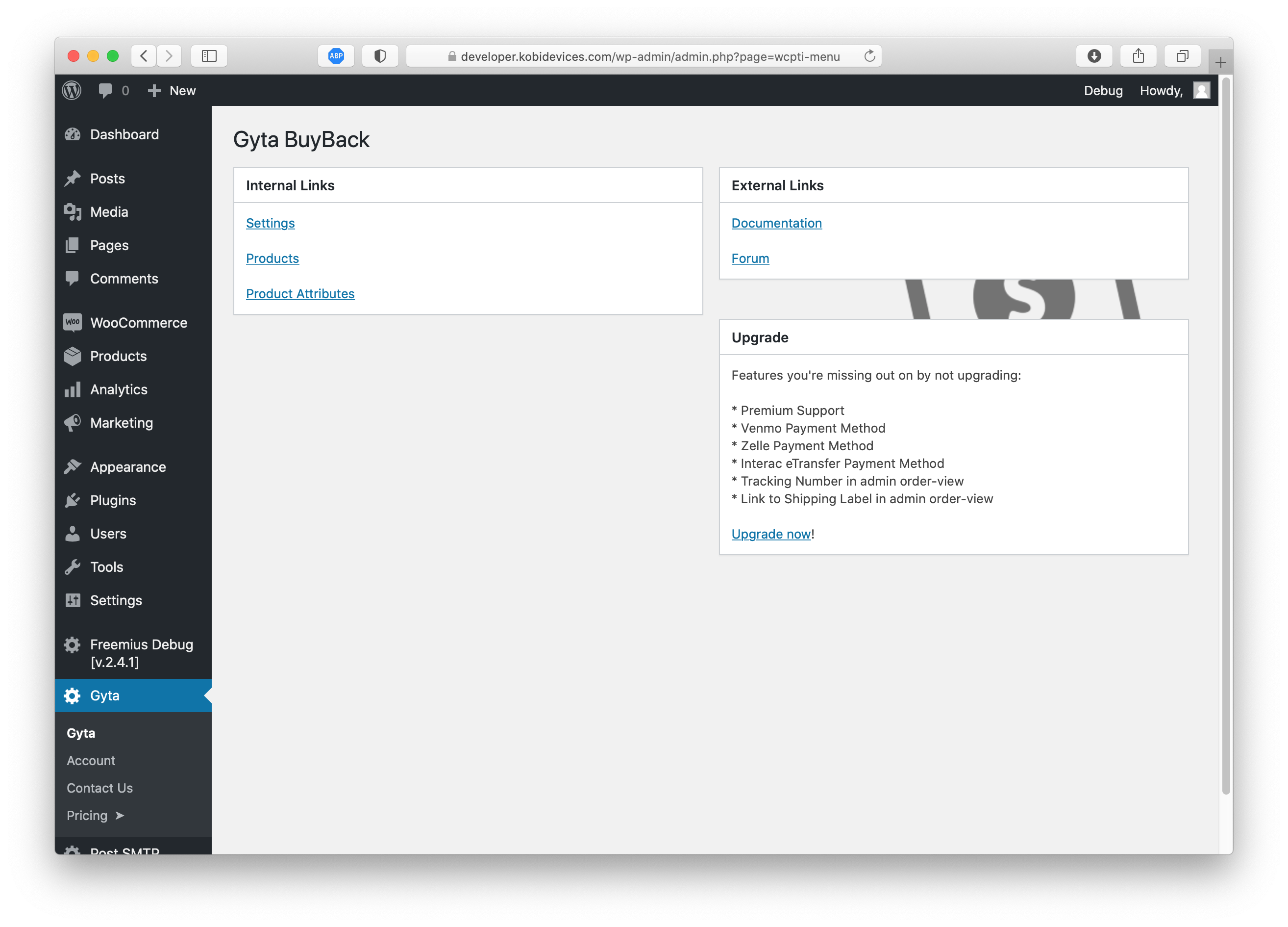 Dashboard page showing links to handy items.