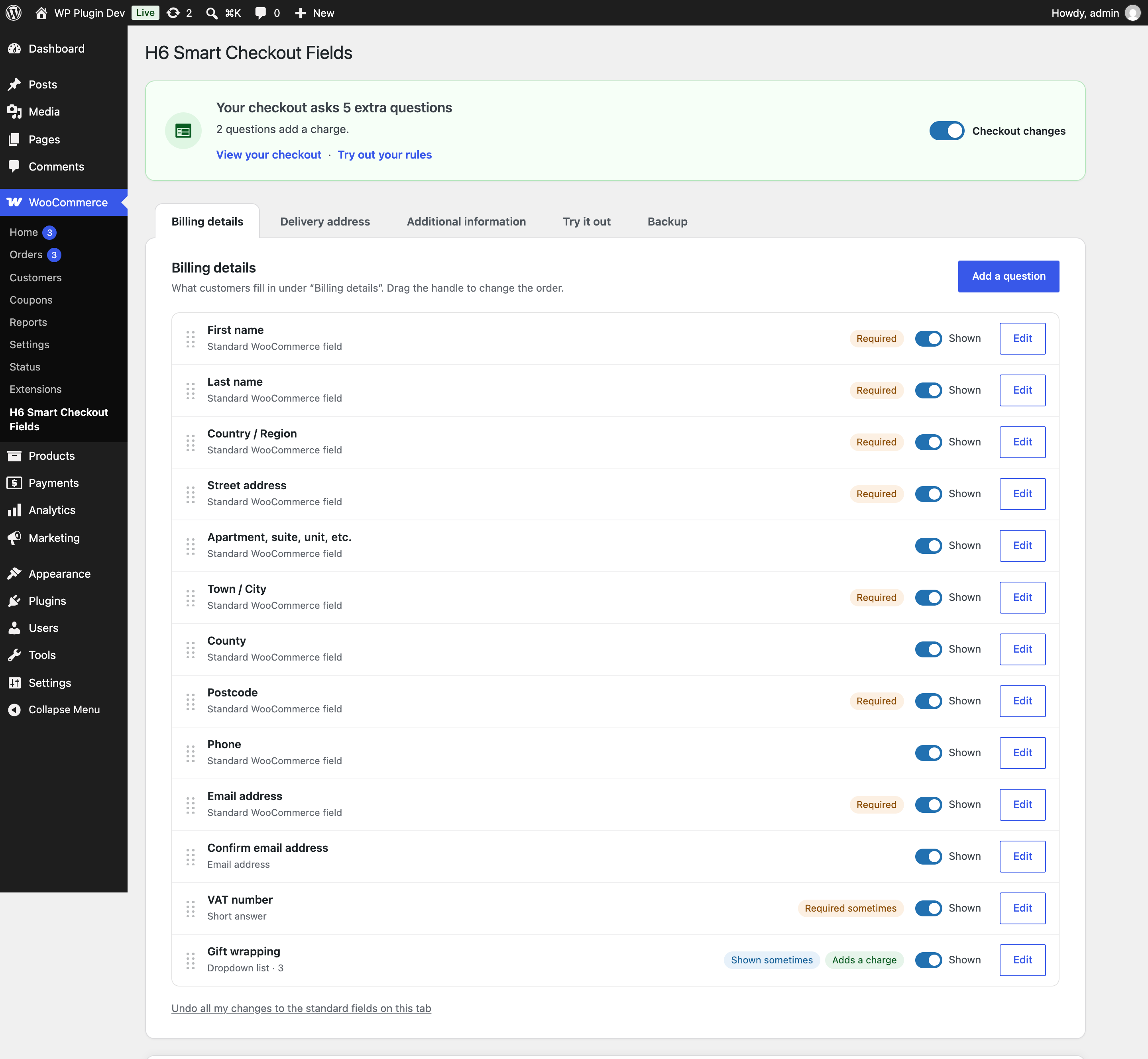 Billing details: the standard fields and your own questions in one list, with a show or hide switch and drag to reorder.
