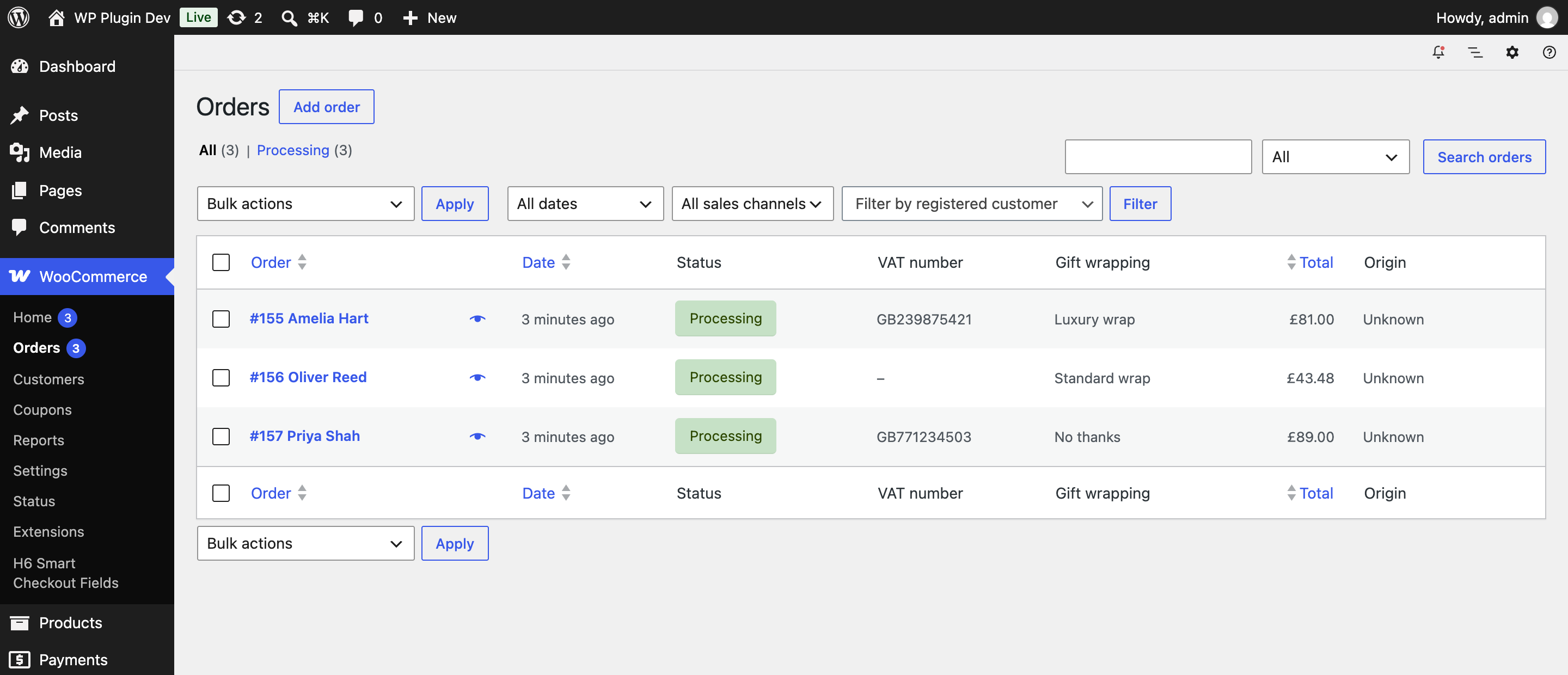 Answers shown as columns in your orders list.