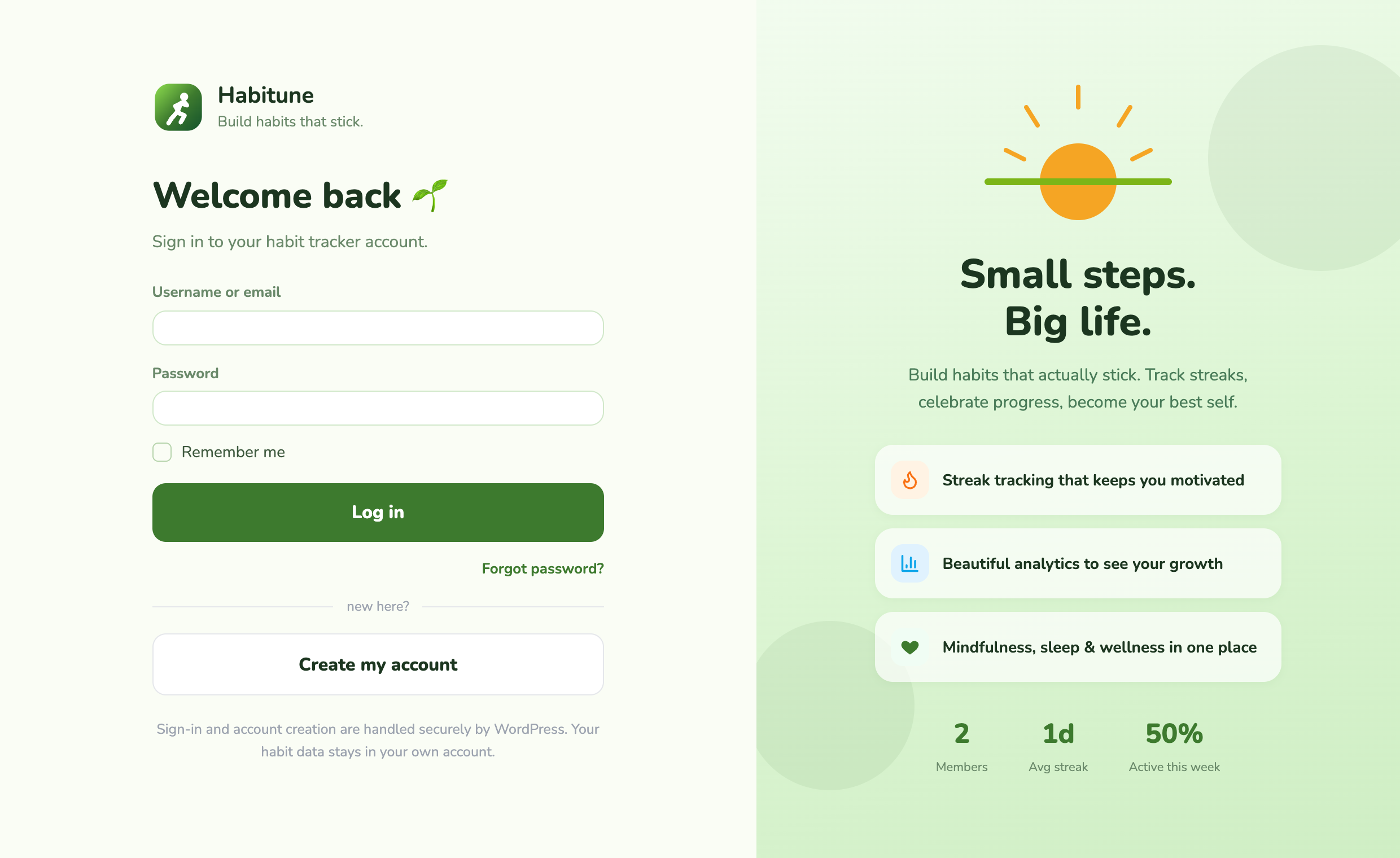The built-in login / sign-up page.