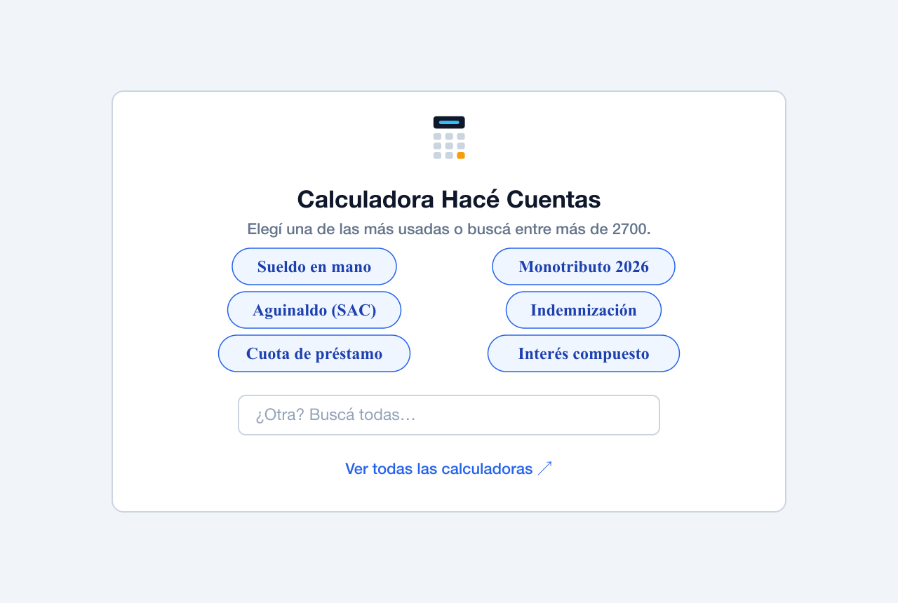 The "Calculadora Hacé Cuentas" block: one-click buttons for the most-used calculators and a search box across all 2700+, inside the editor.
