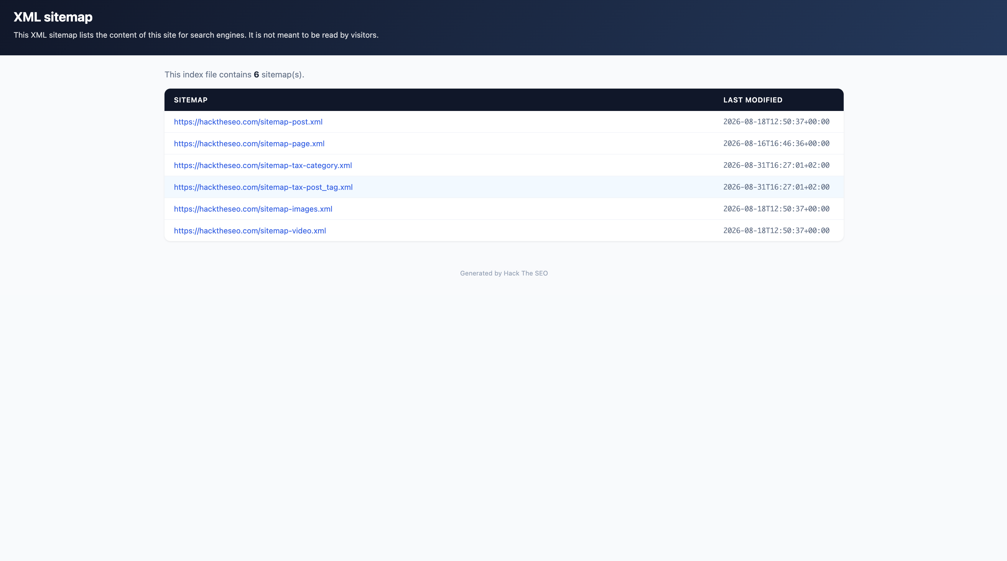 XML sitemap: sitemap index, per-type sitemaps and a human-readable XSL stylesheet.