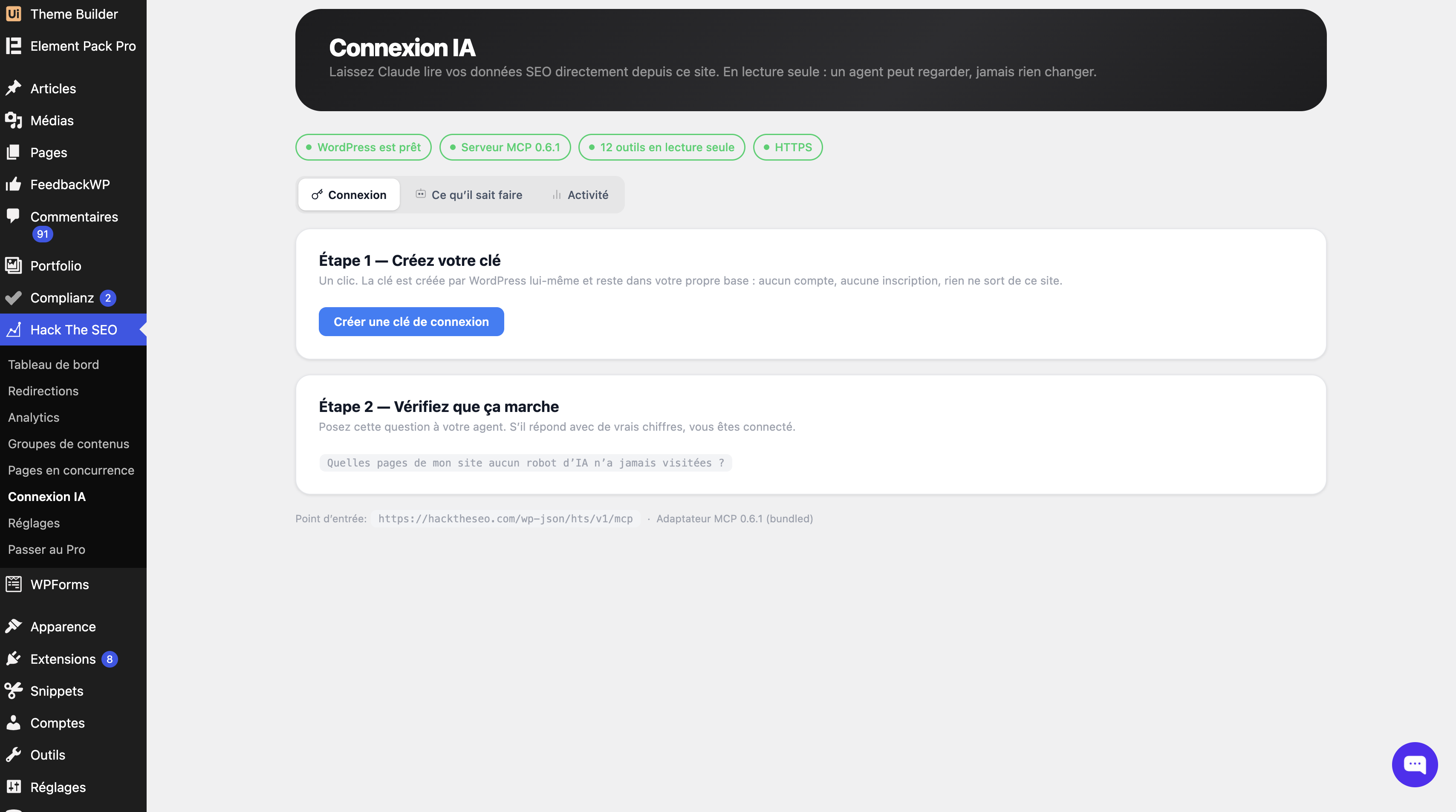 AI connection: two steps to connect Claude to your site. One button creates the WordPress application password and prints the line to paste into your AI client.