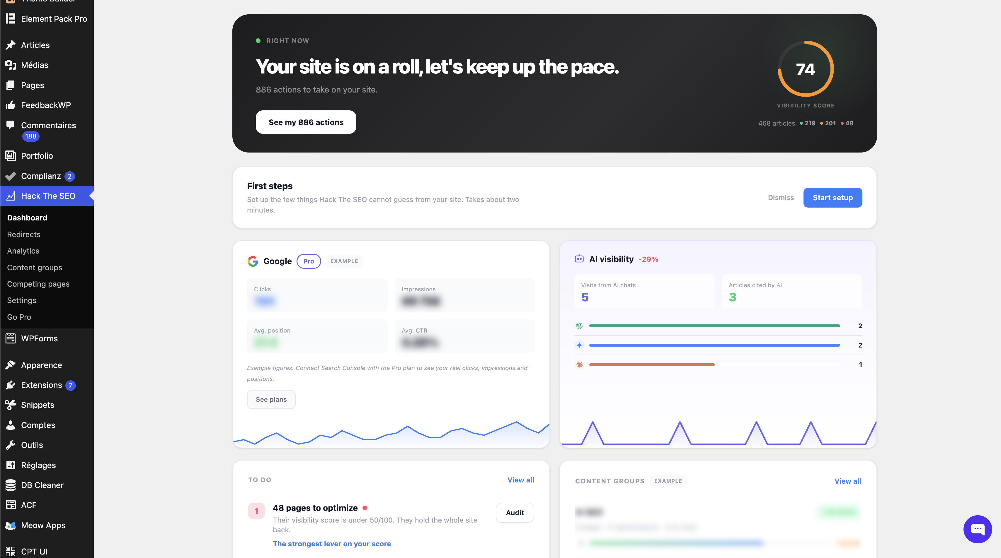SEO dashboard: module status, site health, SEO score, GEO score and AI crawler activity at a glance.