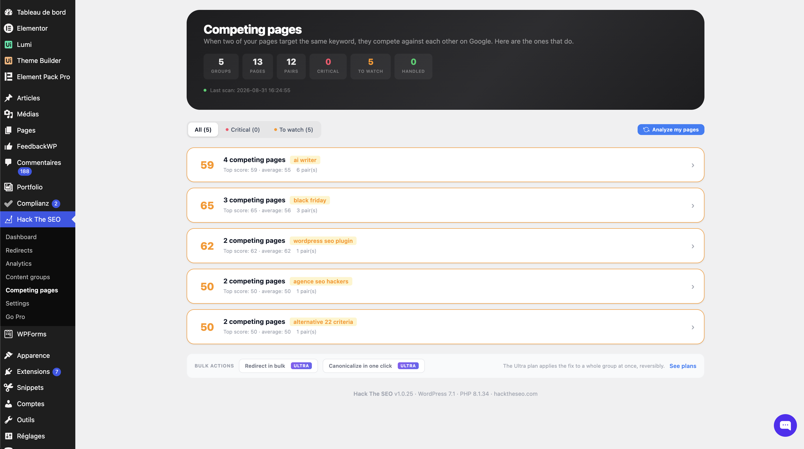 Keyword cannibalization report: pages competing on the same keyword, with a recommended action for every pair.