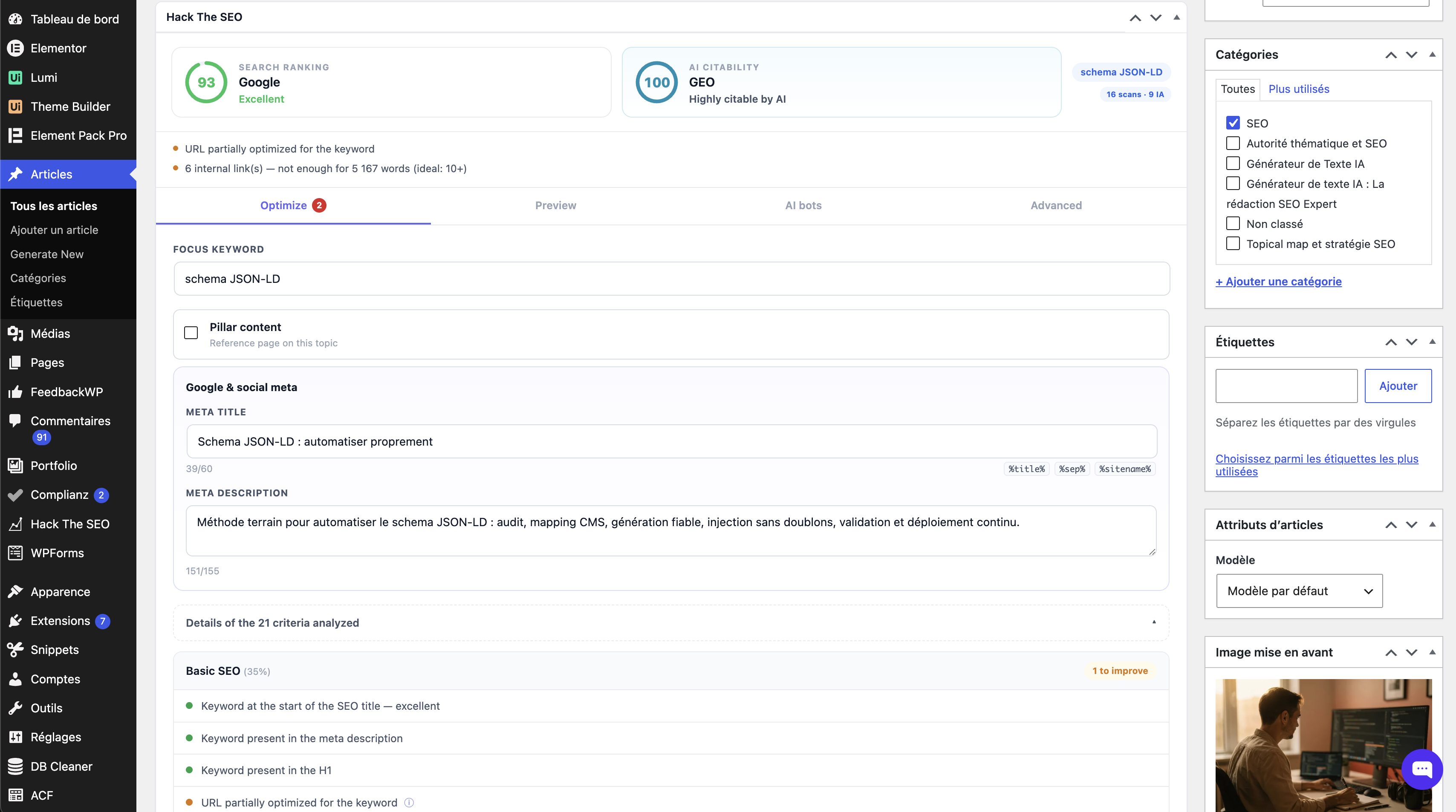 On-page SEO panel in the editor: a Google score and an AI citability score, meta title and description, and 21 checks.