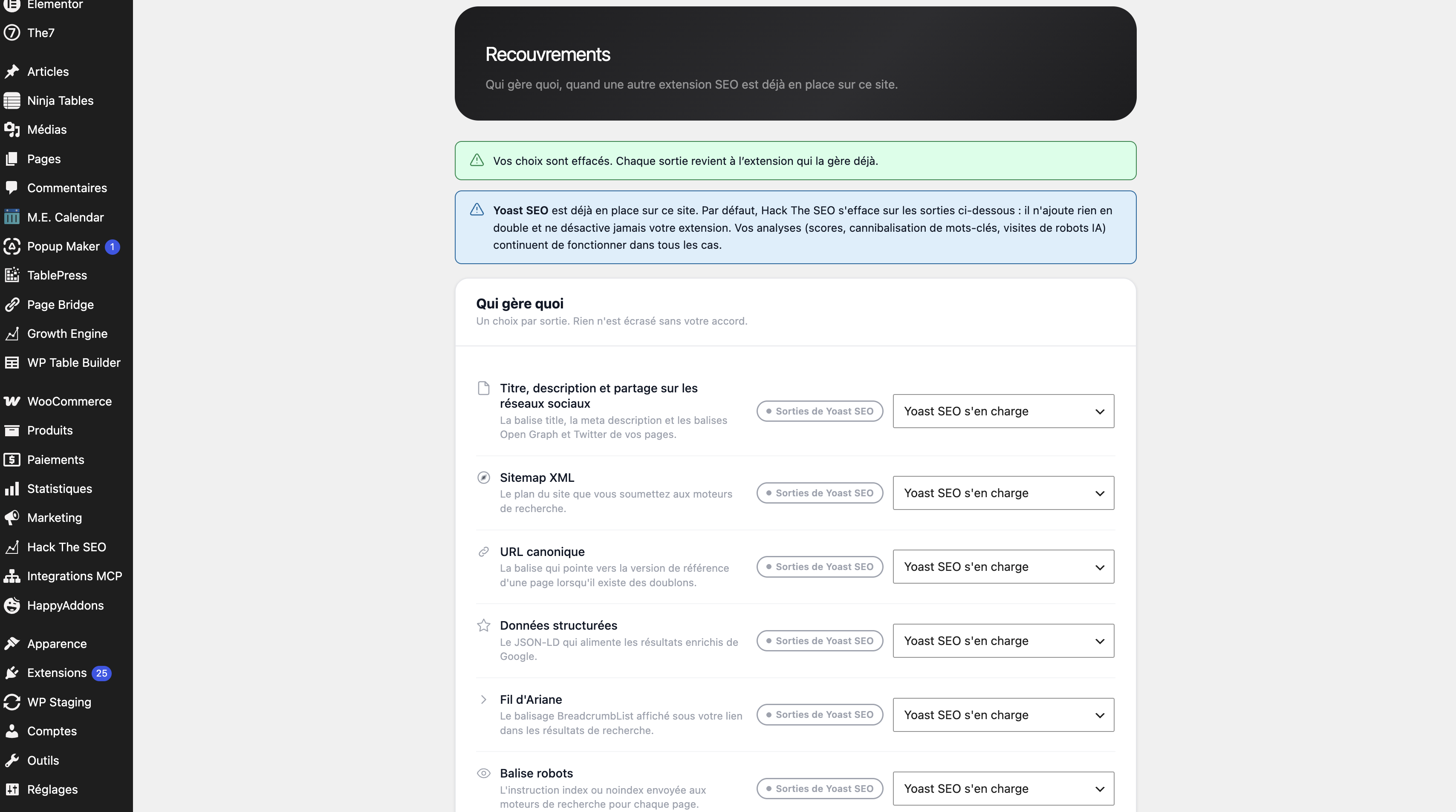 Overlaps: the plugin detected Yoast and stepped aside. Every overlap listed, and who owns what, module by module.