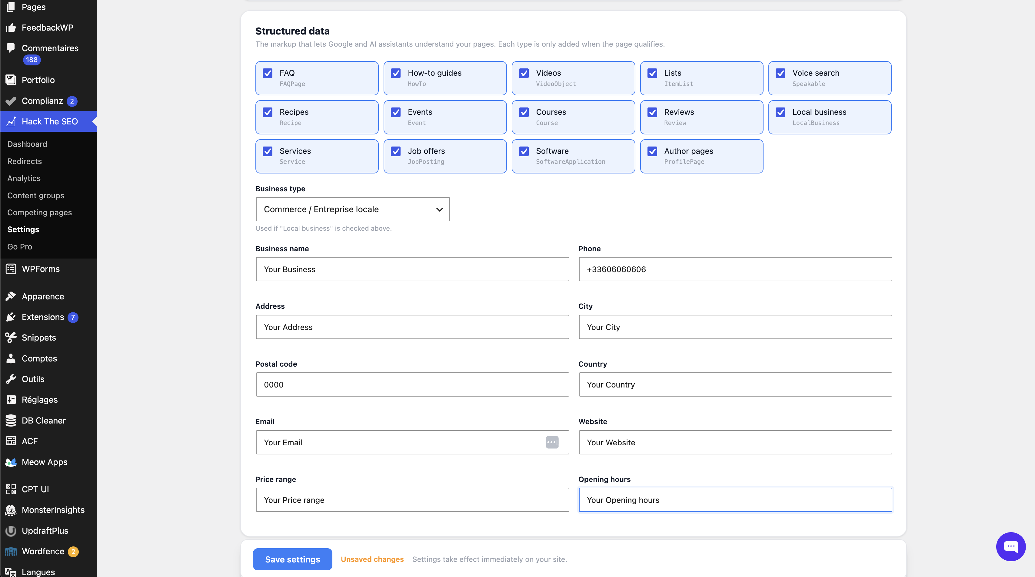 Schema JSON-LD settings: 60+ schema types generated automatically, configurable per page.