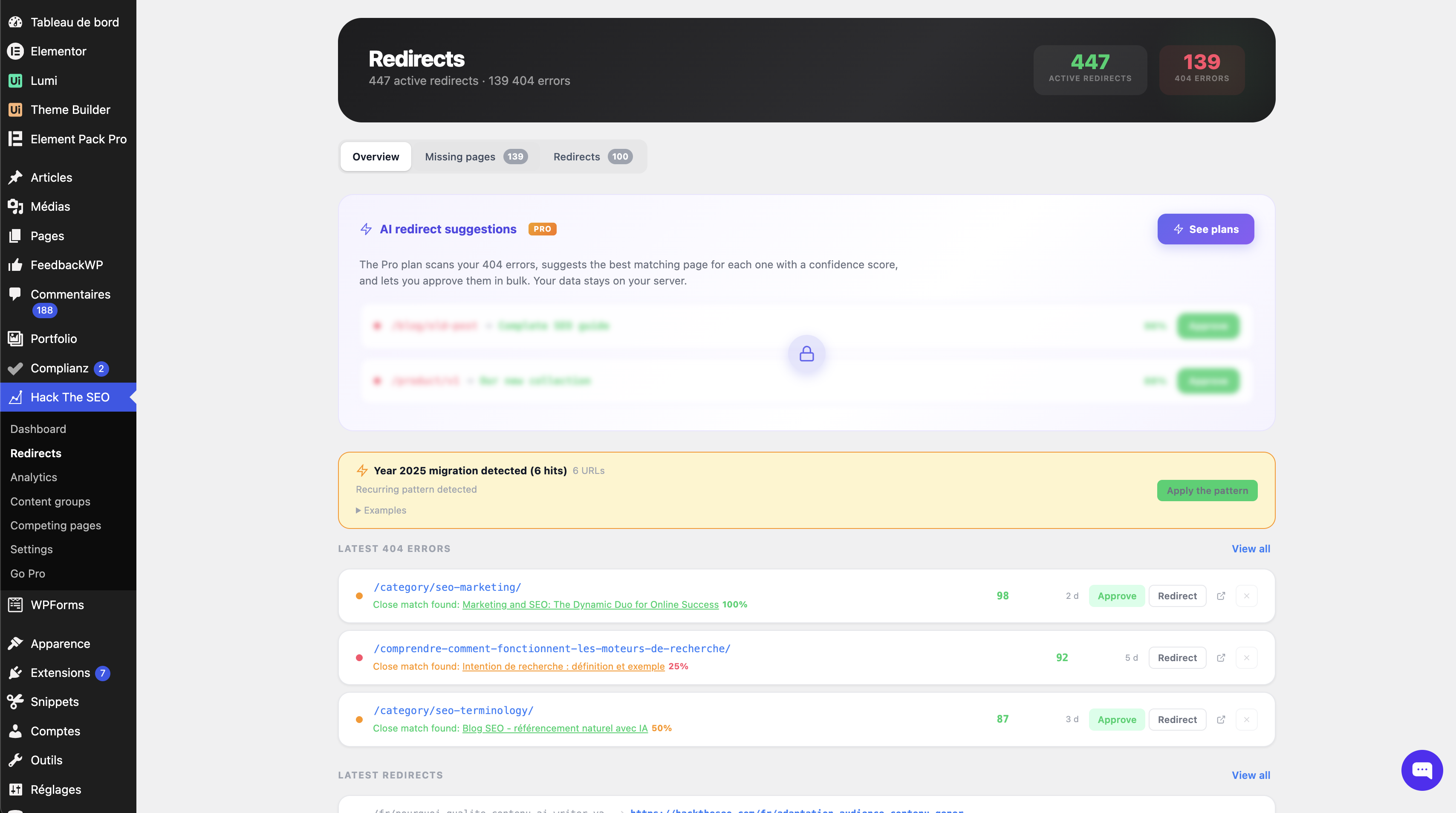 Redirects and 404 log: 301 redirects, regex rules, CSV import and export, one-click 404-to-redirect.