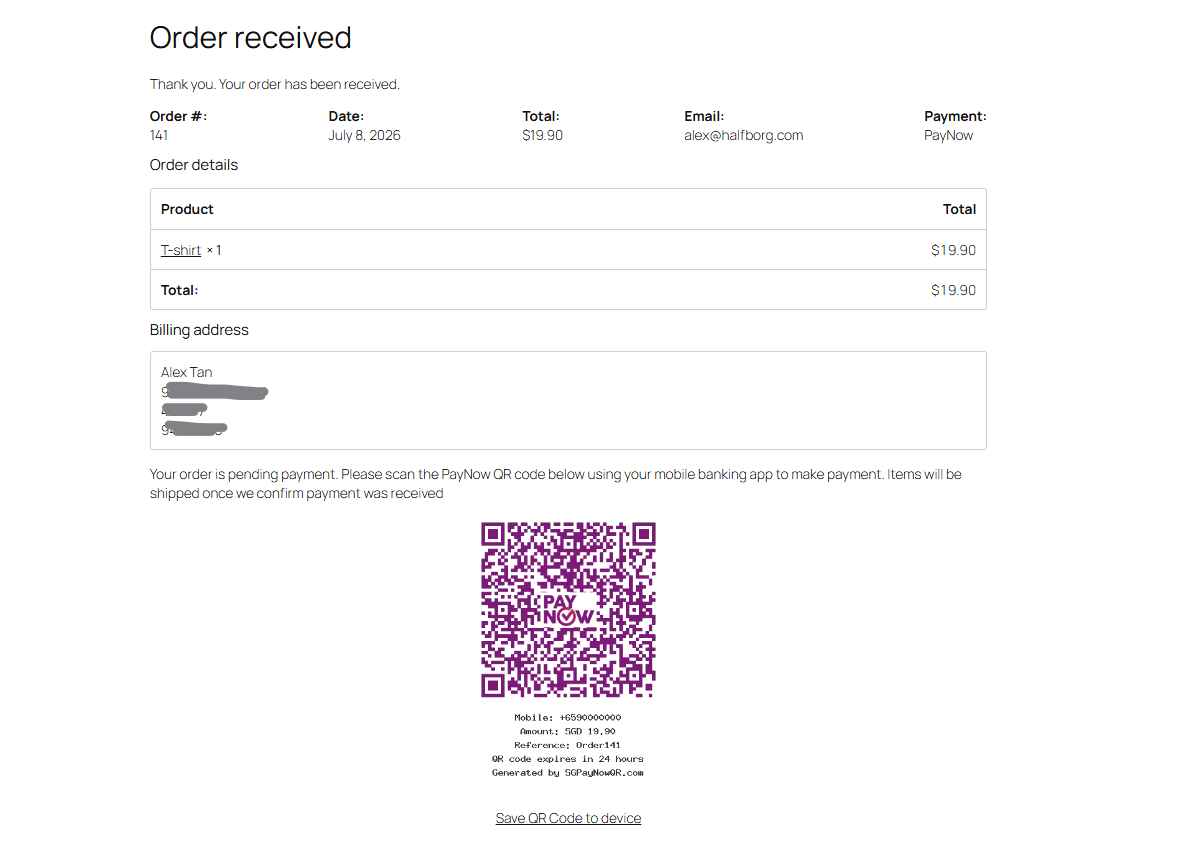 Customers scan the dynamic PayNow QR on the order-received page to pay.