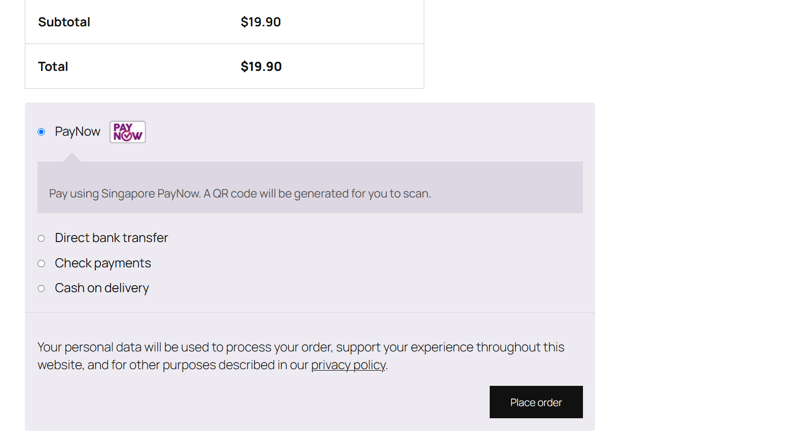 PayNow shown as a payment option on the WooCommerce block checkout.