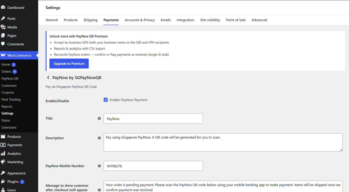 Simple setup — enter your PayNow mobile number in WooCommerce payment settings.