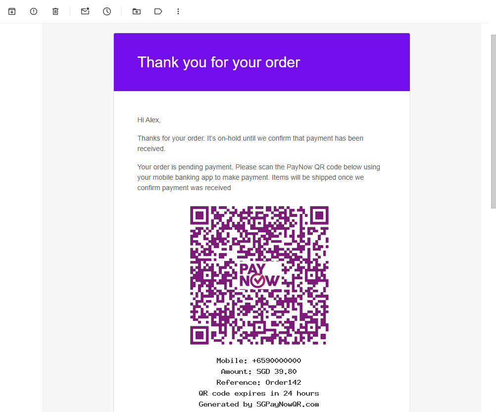 The PayNow QR is embedded directly in the order-confirmation email.