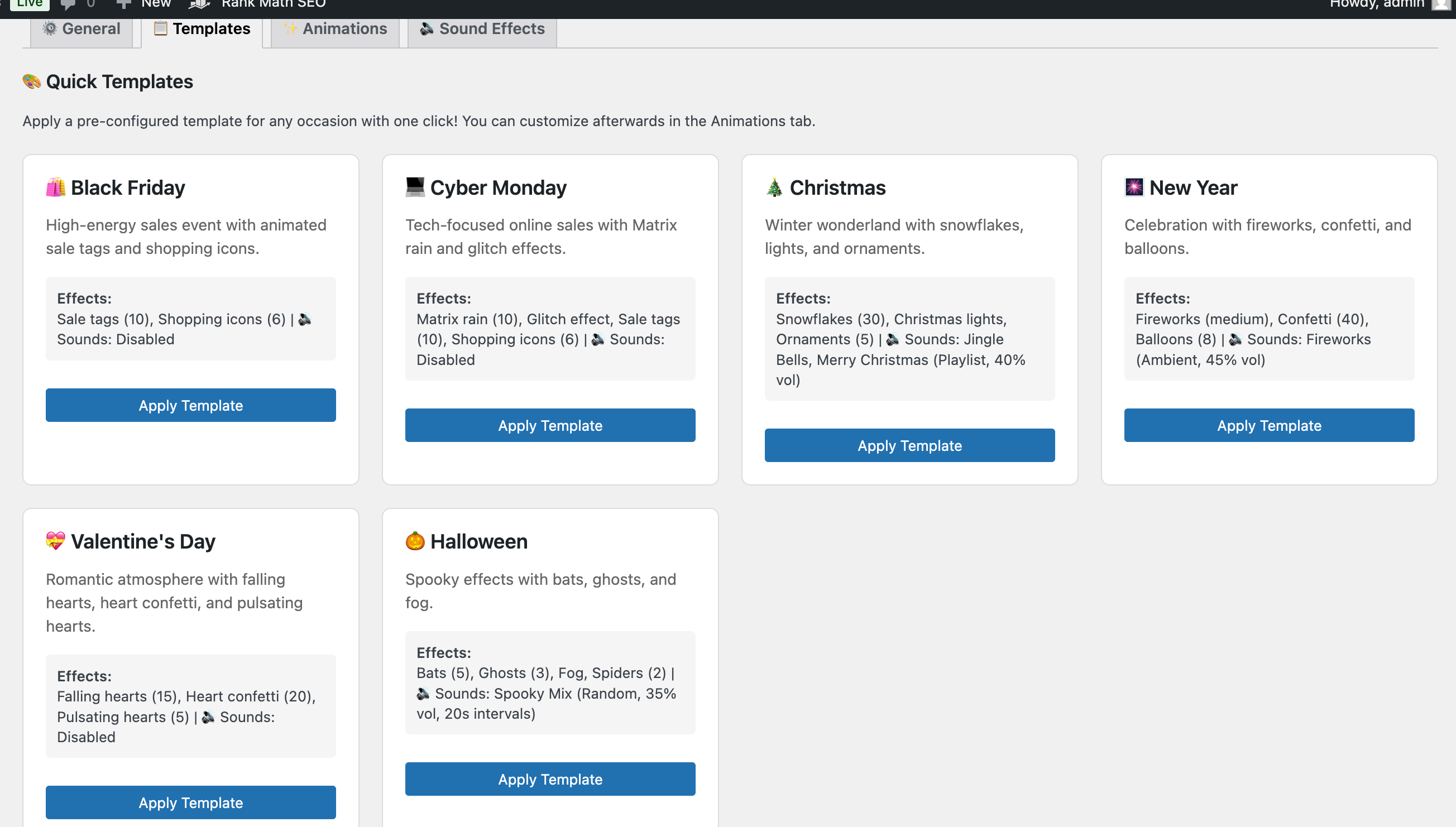Templates tab with 5+ seasonal presets