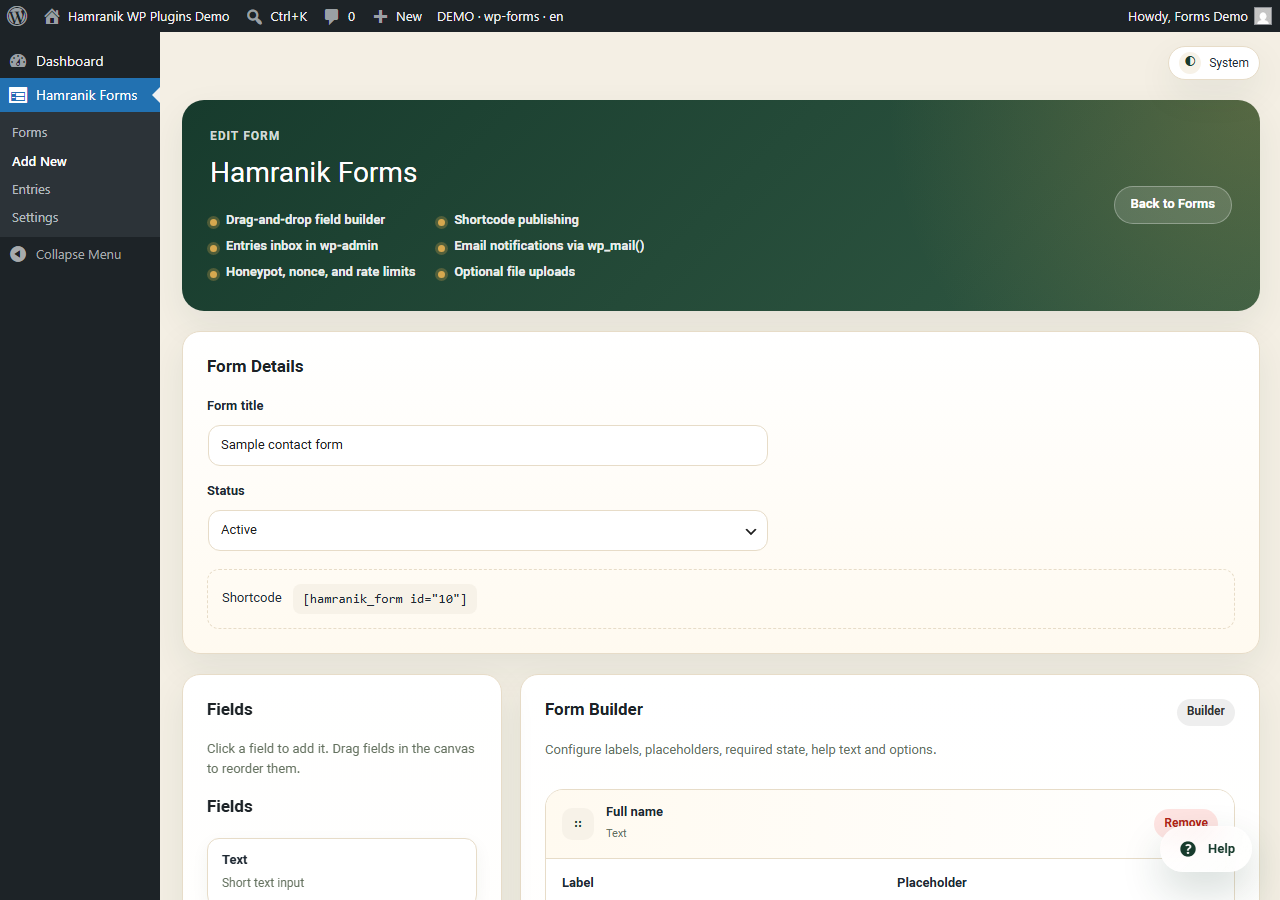 English admin UI: drag-and-drop form builder.