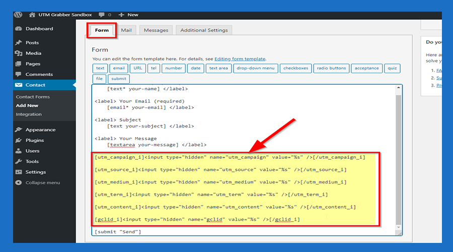 Contact Form 7 — hidden fields for UTMs and gclid