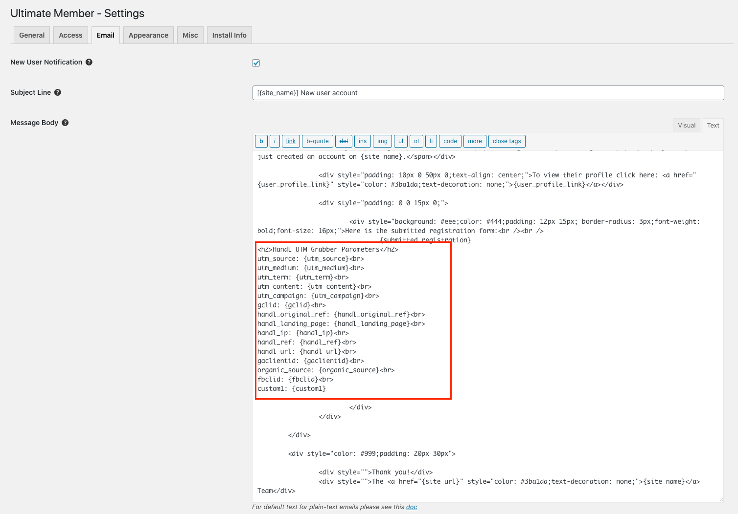 Ultimate Member — inject UTM parameters into email templates