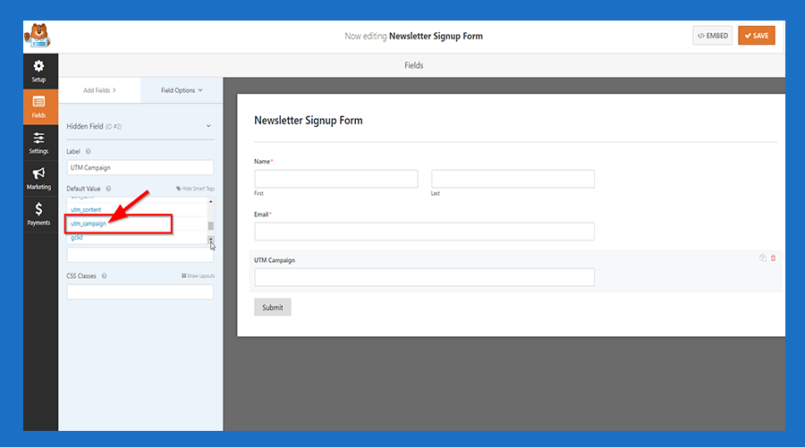 WPForms — map a hidden field default value to utm_campaign