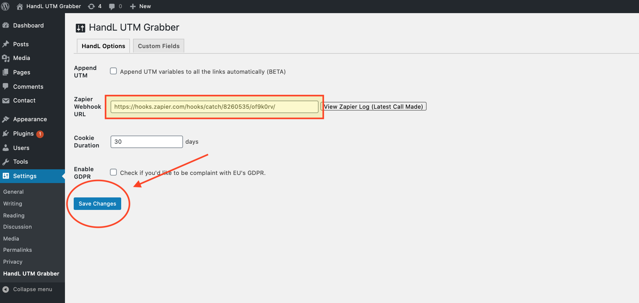 Zapier — configure the webhook URL in HandL Options