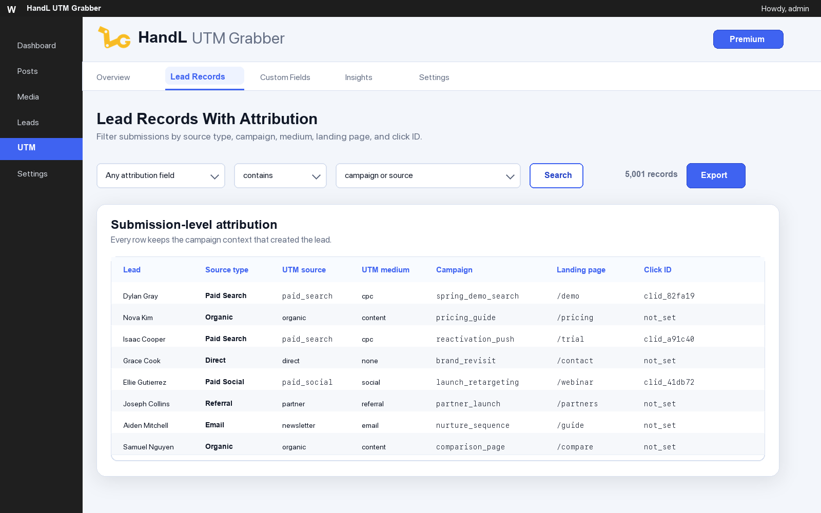Lead Records — filter and export submissions with full attribution context