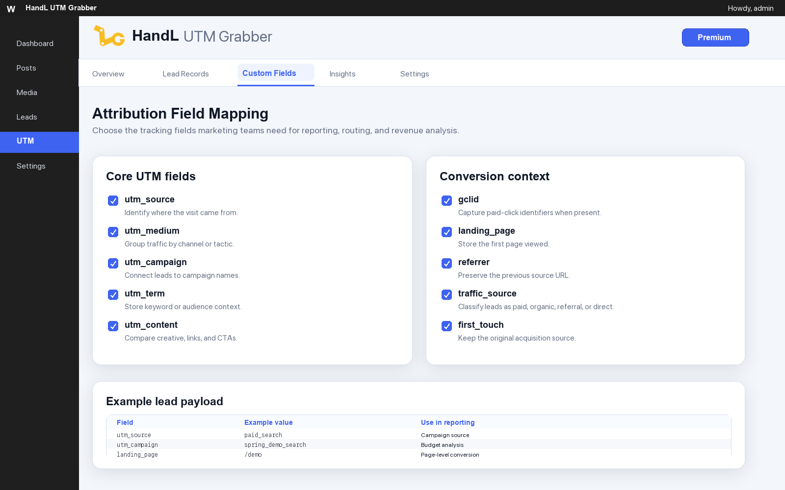 Custom Fields — map core UTM and conversion-context attribution fields