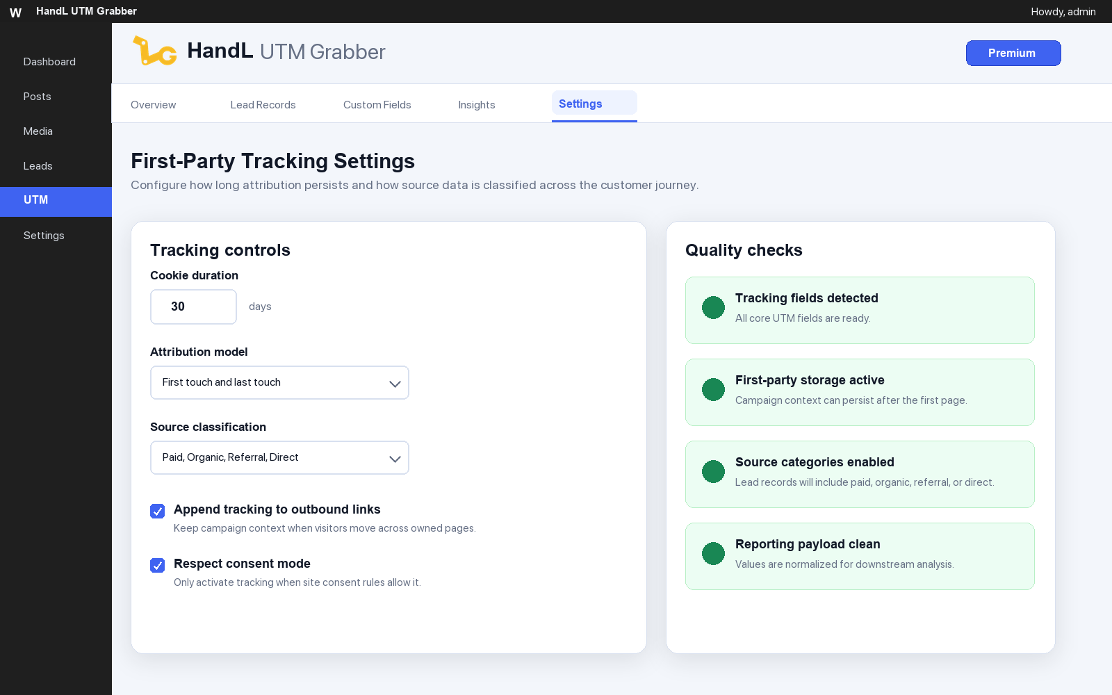 Settings — first-party tracking controls and quality checks