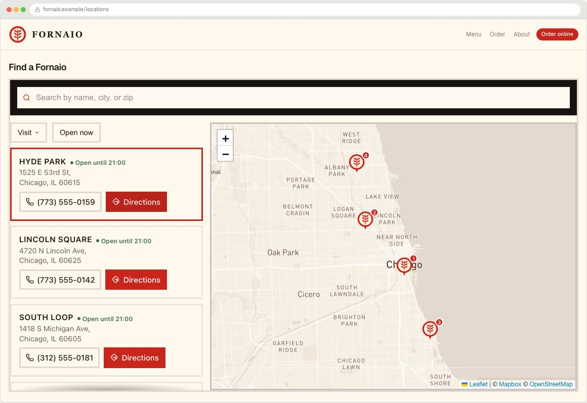 The locator on a published page: search, category filters, opening hours with live status, directions, and clustered map pins styled to the site.