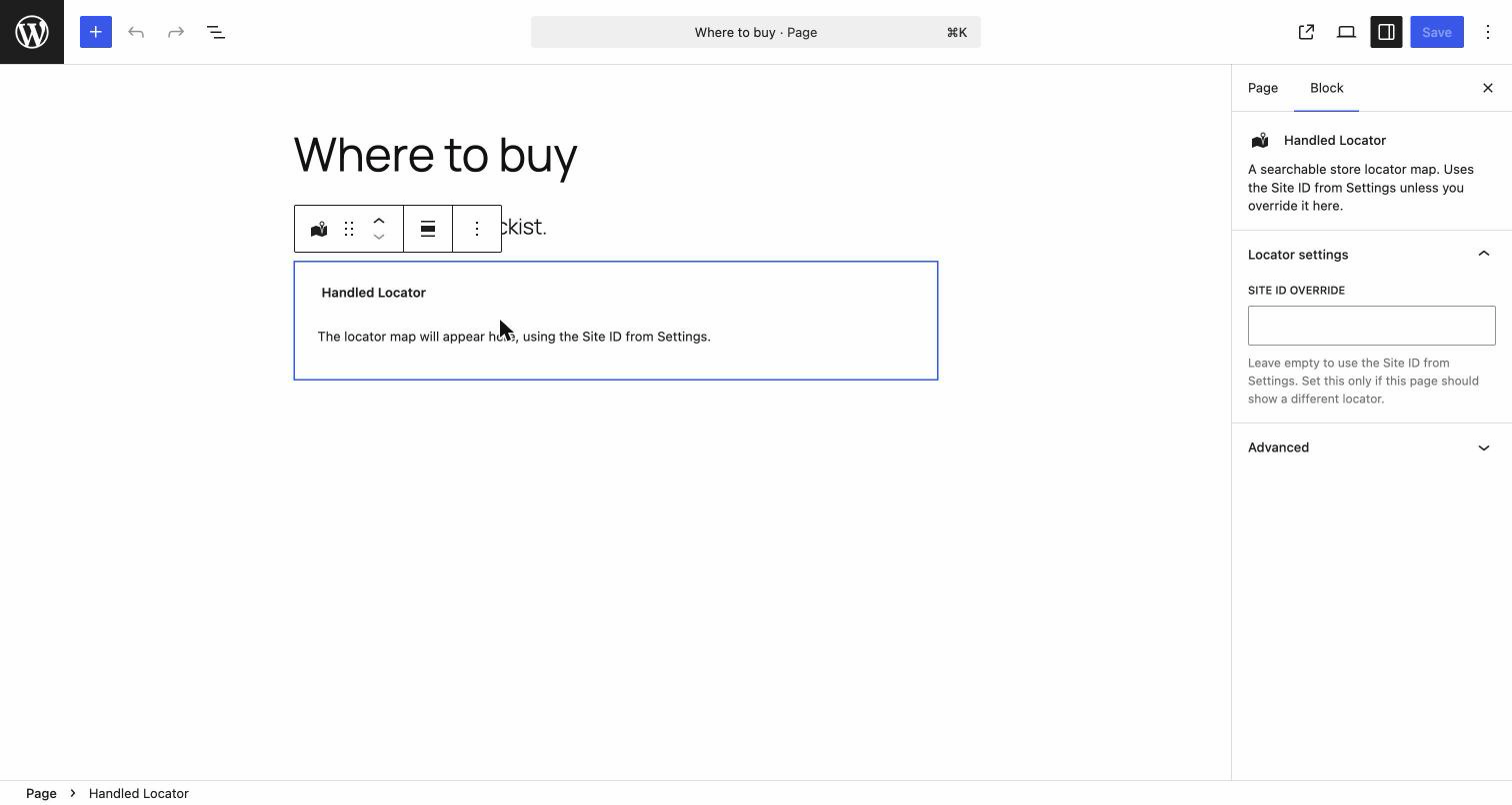 The Handled Locator block in the editor, with the optional per-page Site ID override.