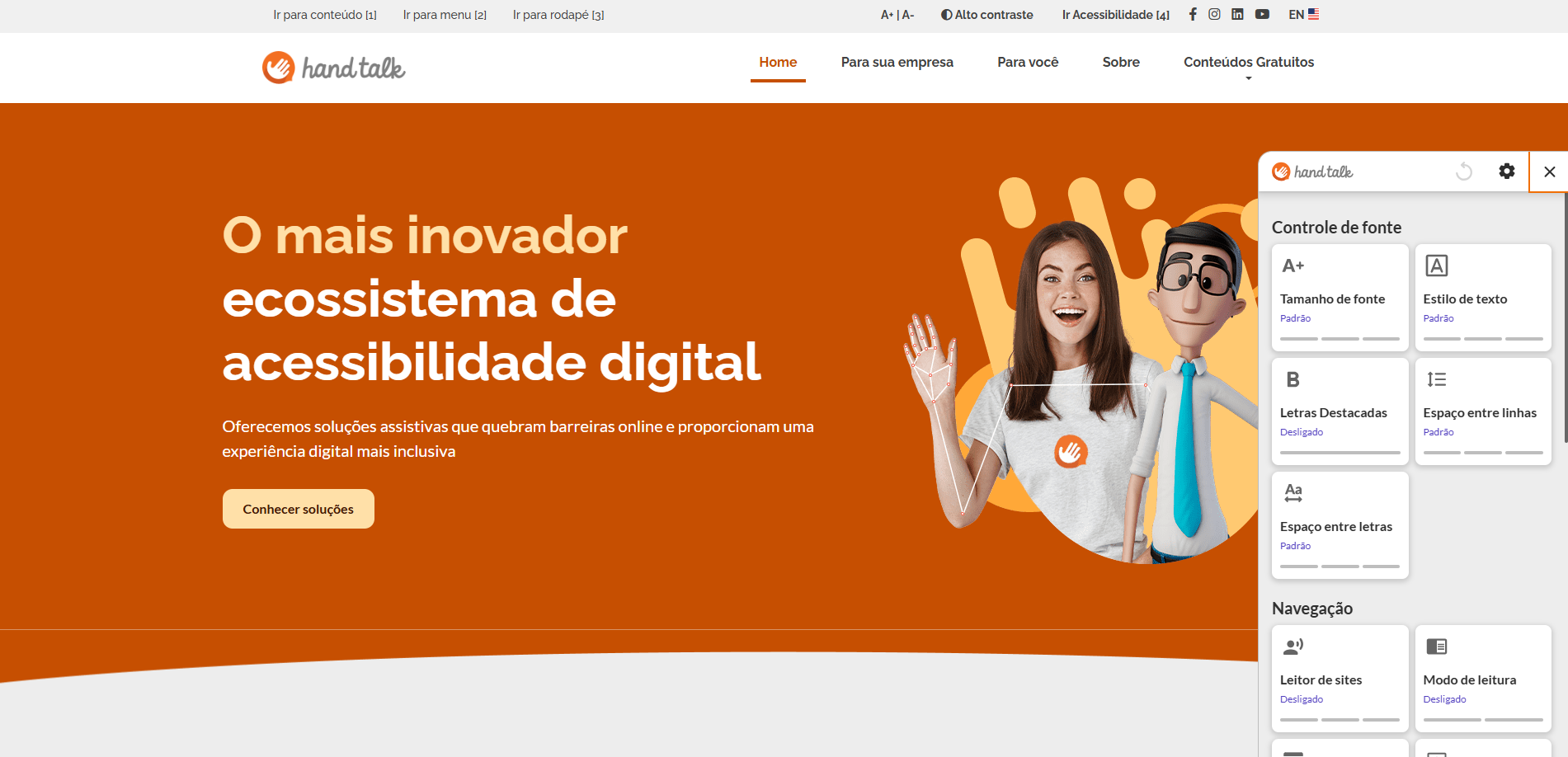 Tela dos Recursos Assistivos aberta no lado direito do site