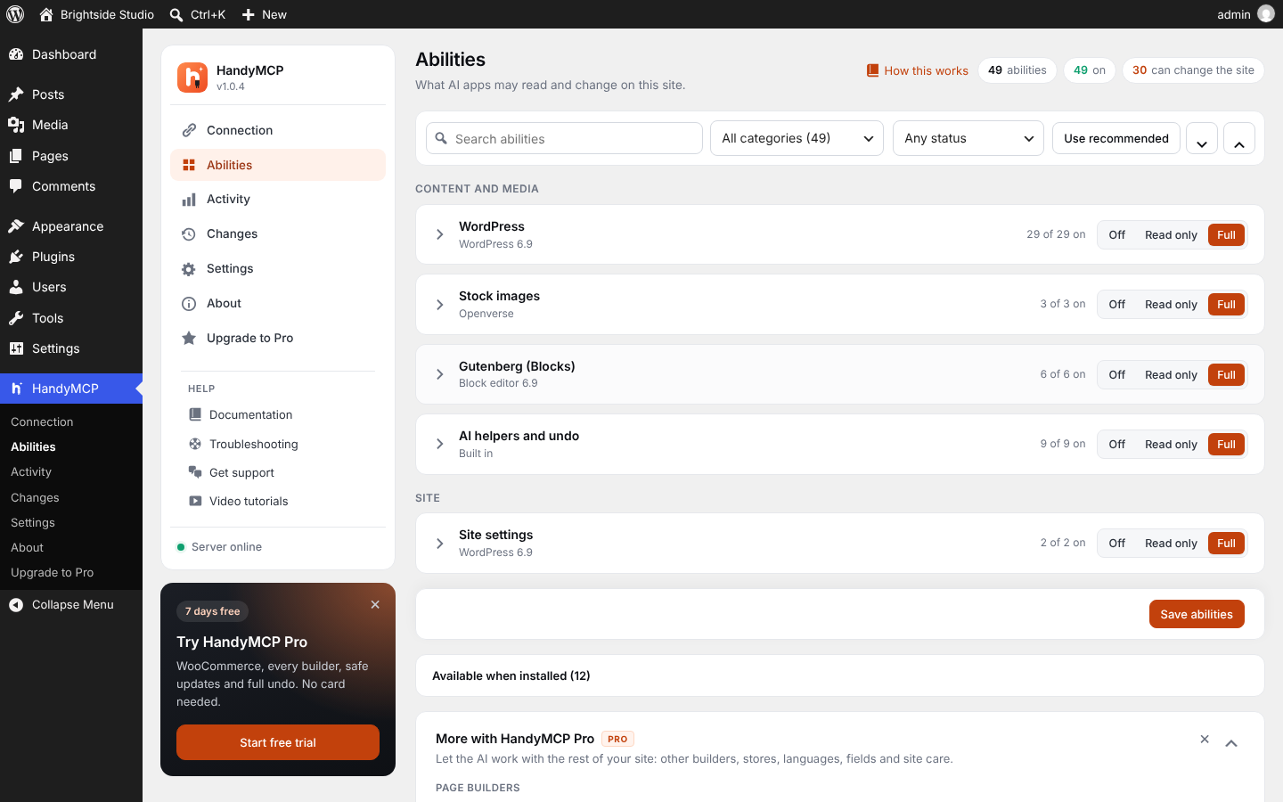 Abilities: choose what AI apps may read and change on your site, group by group or one ability at a time.