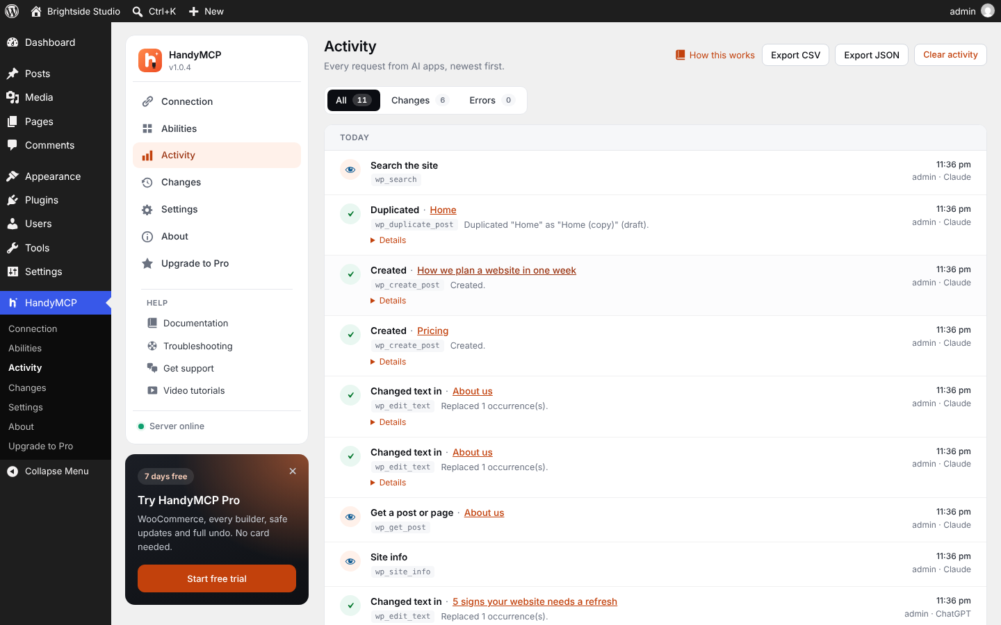 Activity: every request from AI apps, newest first, with the page it touched and the app that made it.