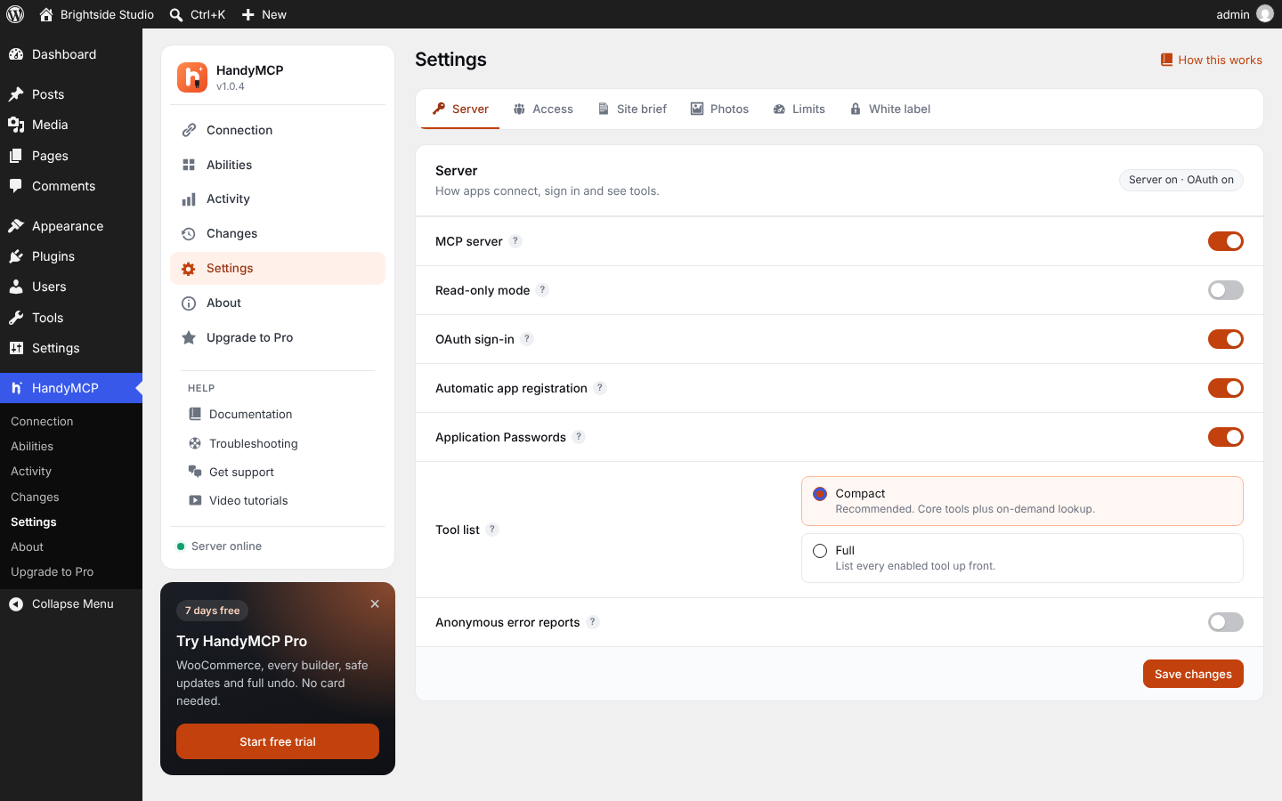 Upgrade: what the free plugin includes and what HandyMCP Pro adds.