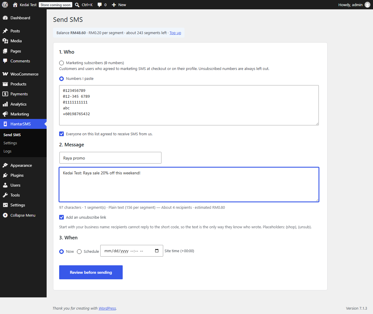 Send SMS: audience, message with live segment and cost counter, schedule.