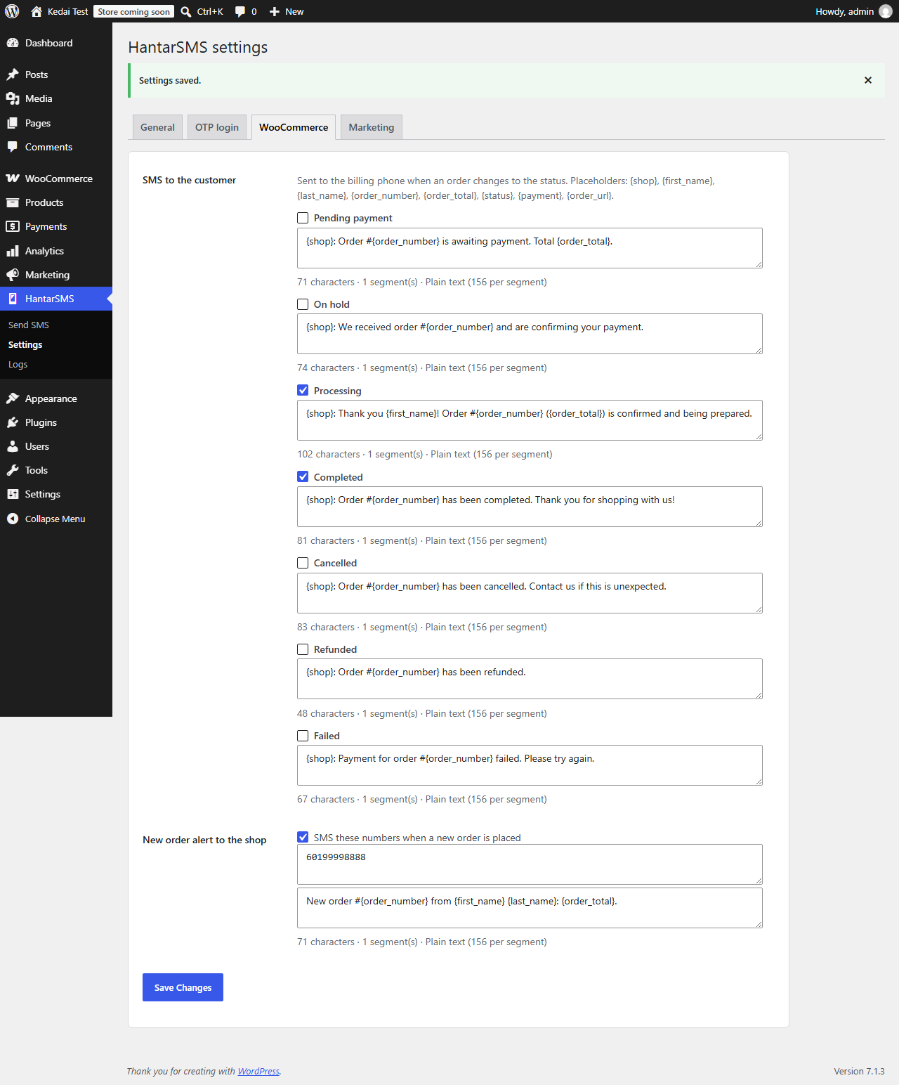 WooCommerce order SMS templates.