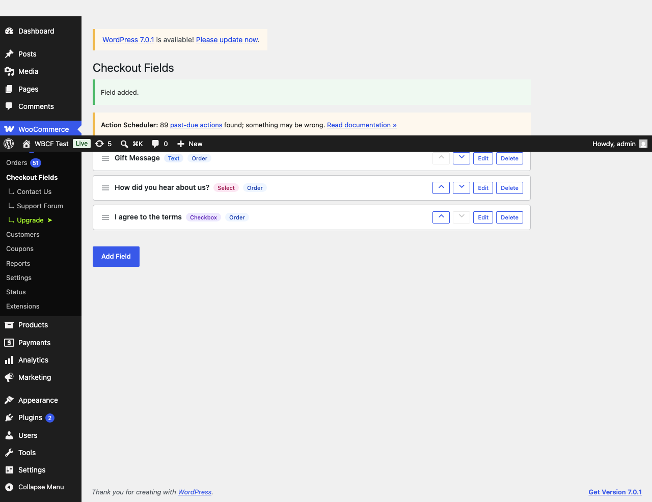 Admin settings page with field list and drag-to-reorder
