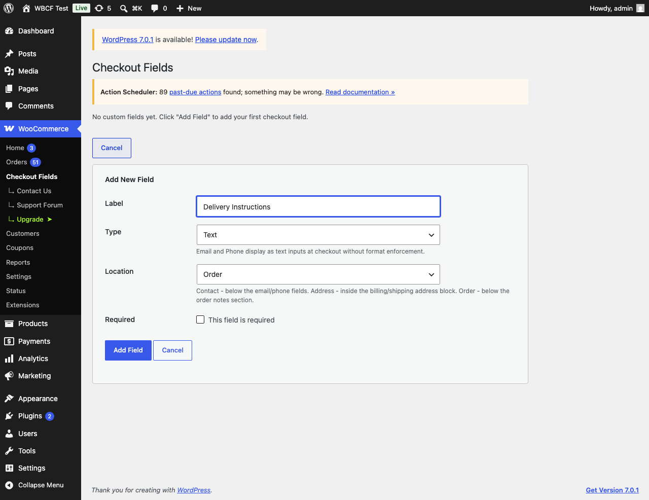Add Field form with type and location options