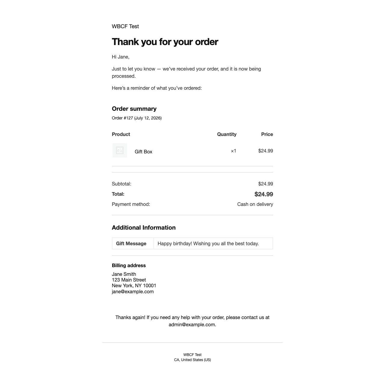 Field value shown in the order confirmation email
