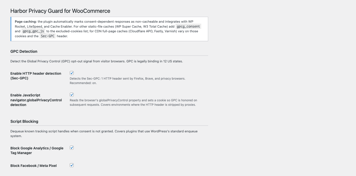 Plugin settings page - GPC detection and script blocking