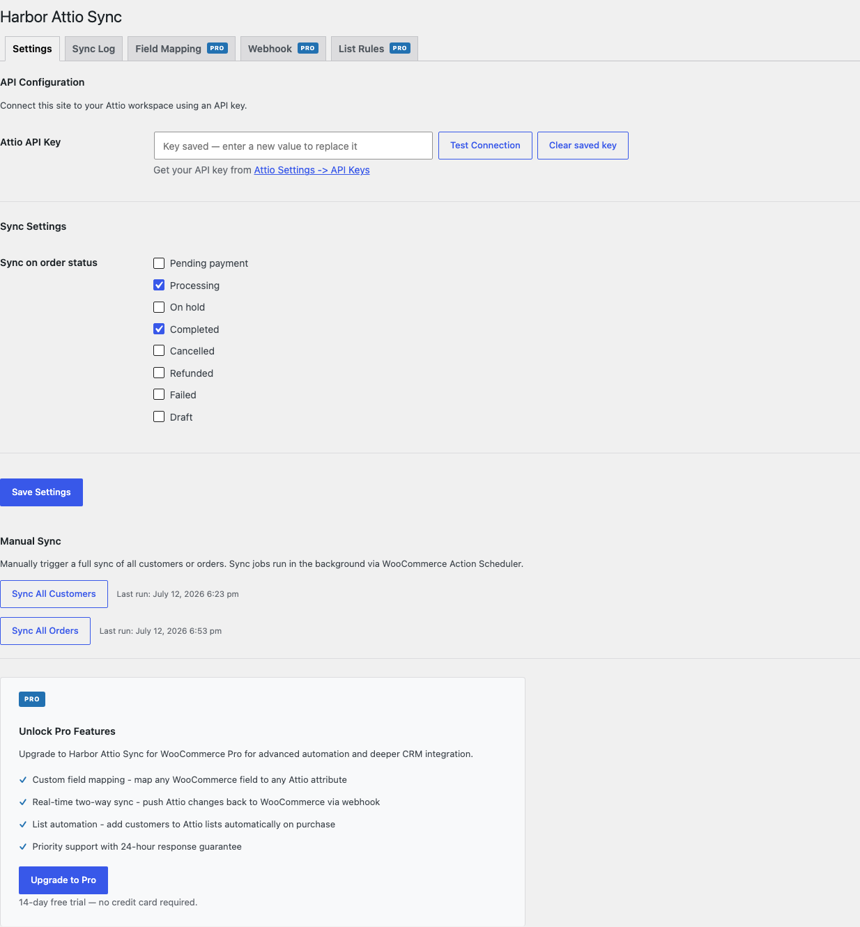 Settings: connect your Attio workspace with an API key and choose which order statuses trigger a sync.